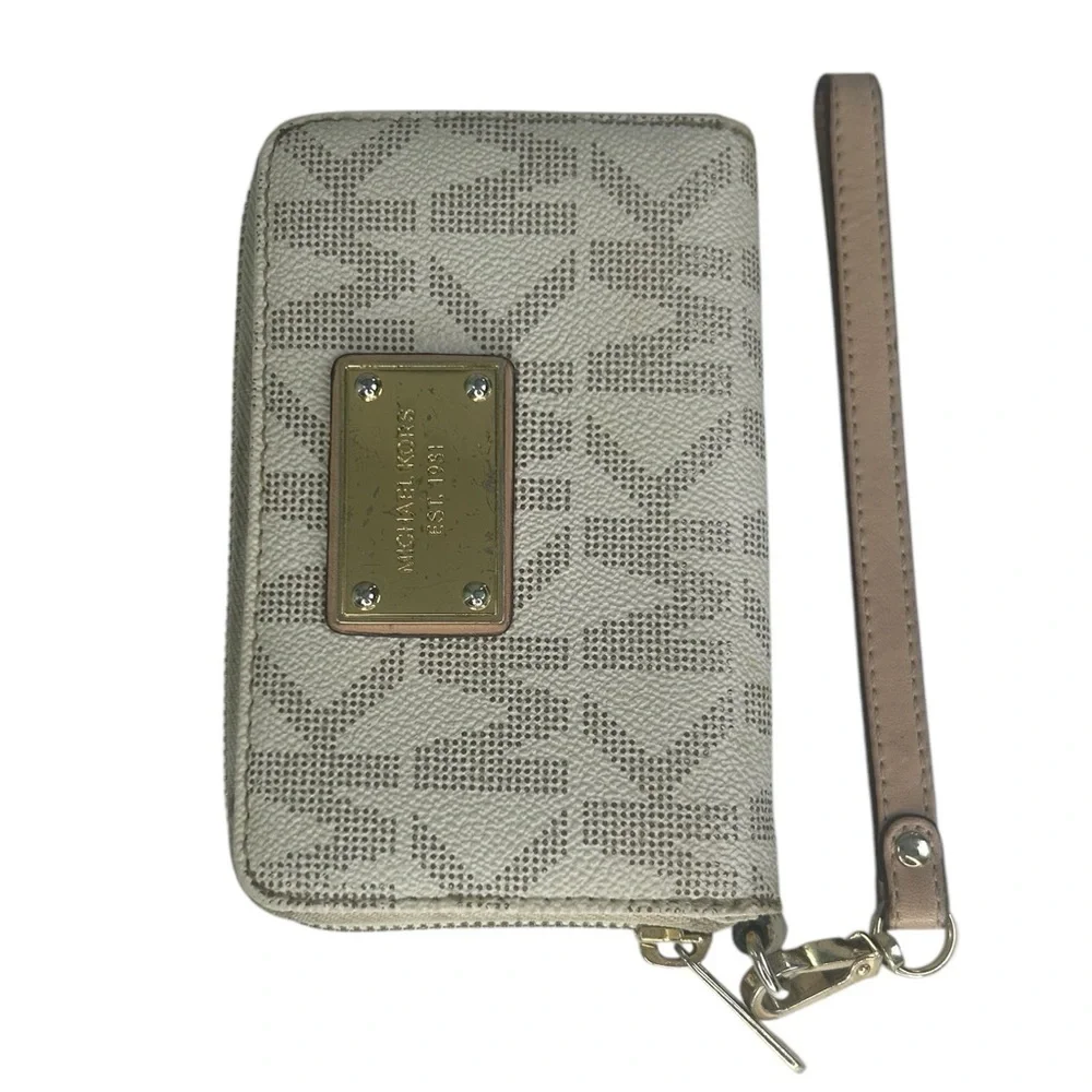 Michael Kors Beige Brown Logo Wristlet Wallet Organizer